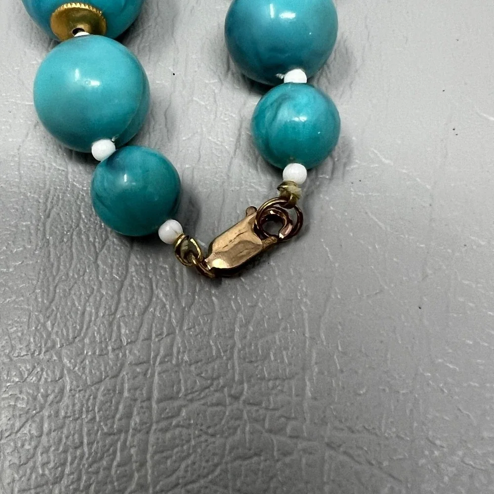 Vintage‎ Blue Marbled Bead Necklace Gold Tone Caps and Clasp